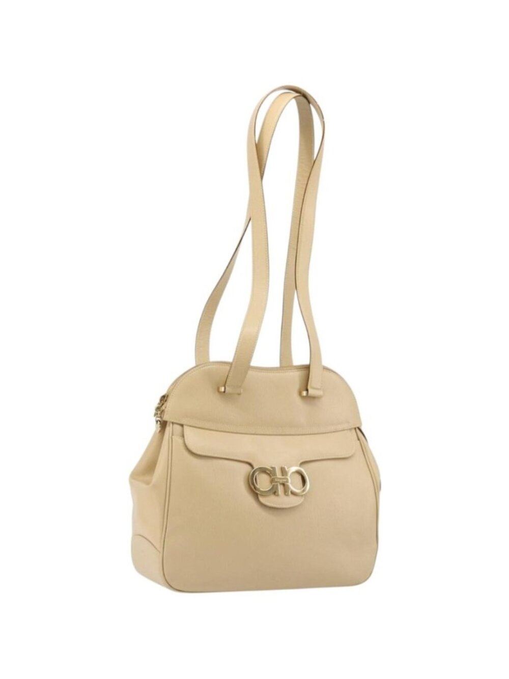 Salvatore Ferragamo Gancini Tote Bag Leather Beige Gold
